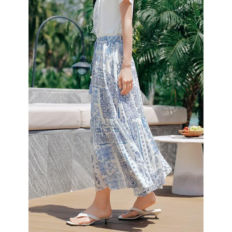 Jiu Zi·Anna Kou Women's Paisley Print Ramie Lyocell Long Skirt