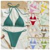 Dam Ribbad Halterband Triangle Bikini Set Tunn Snöre Högt Skuren Tvådelad Fräck Baddräkt