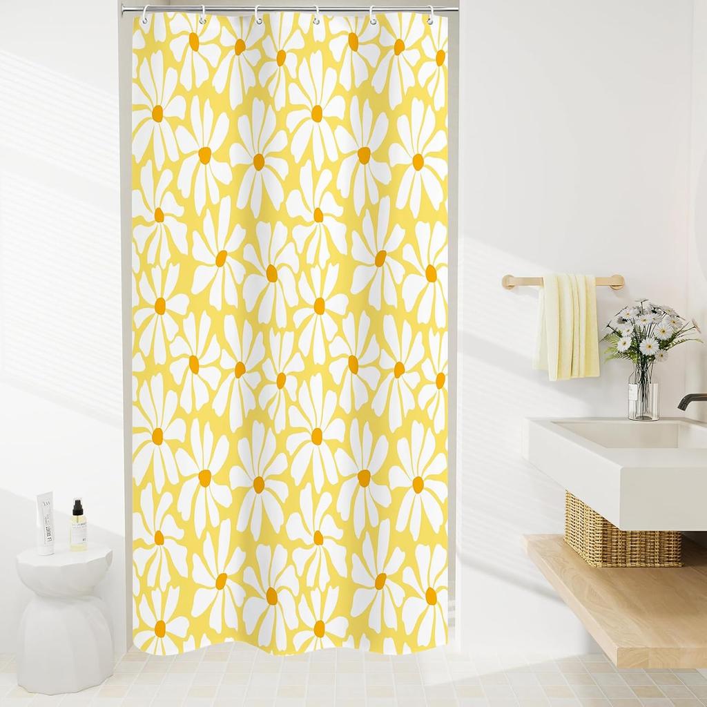 Green Daisy Floral Shower Curtain, Boho Spring Flower Shower Curtain for Girly Bathroom, Modern Minimalist White Waterproof
