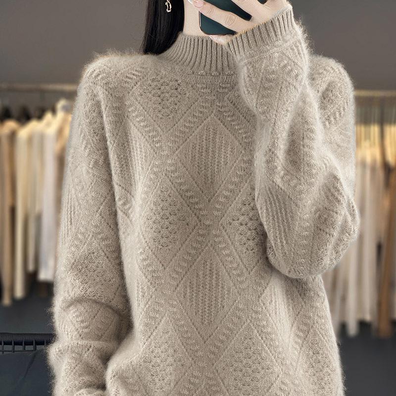 Women's Autumn & Winter Pure Wool Diamond Knit Sweater - Semi-High Neck, Versatile, Elegant Pullover