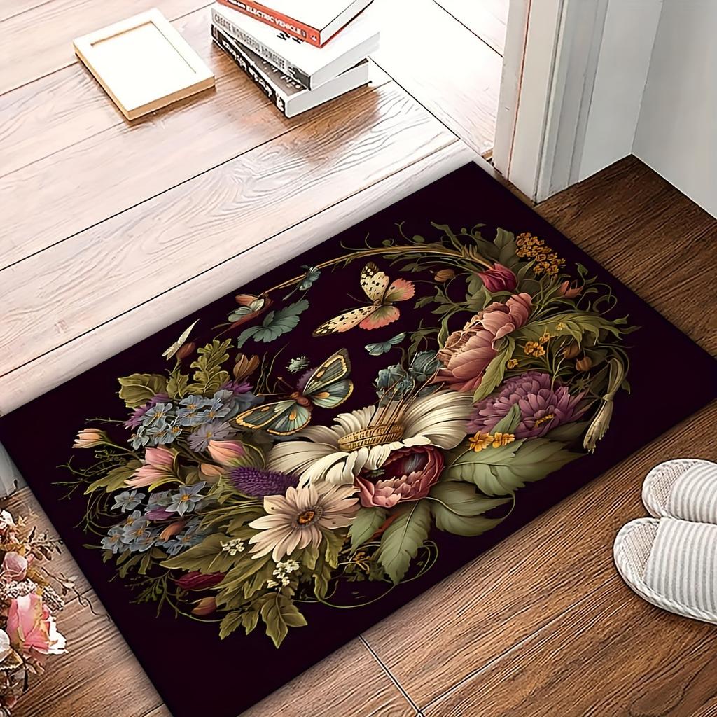 Butterfly Floral Rug – Non-Slip Polyester Mat for Living Room, Bedroom, Kitchen or Entryway Indoor/Outdoor Decor