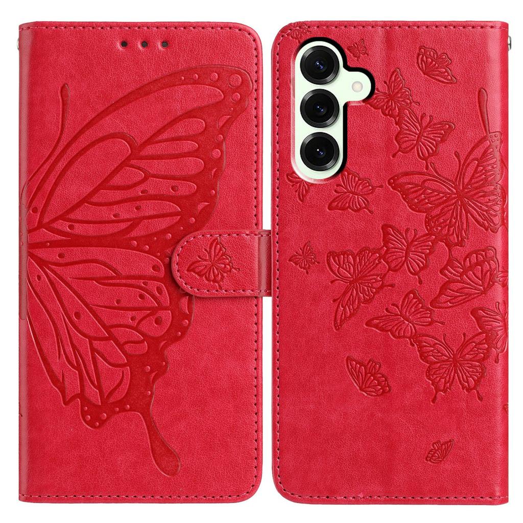 For Samsung Galaxy S25+ Case Butterfly Imprinted Wallet Stand PU Leather Flip Phone Cover with Strap