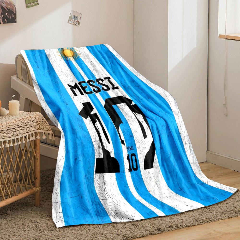 Strisce verticali blu e bianche, emblema del sole, testo "Messi", design numero 10. coperta per tutte le stagioni coperta per pausa pranzo regalo