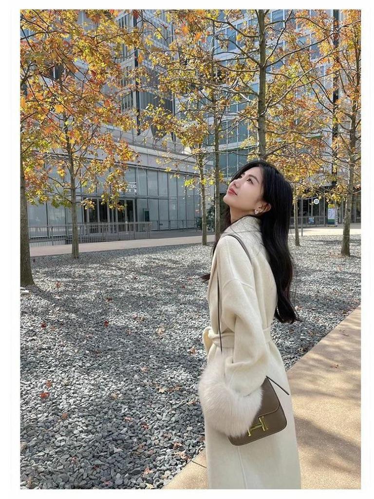 Manteau en Laine Mi-Long pour Femme avec Manches en Fourrure - Veste Décontractée Chic Automne/Hiver