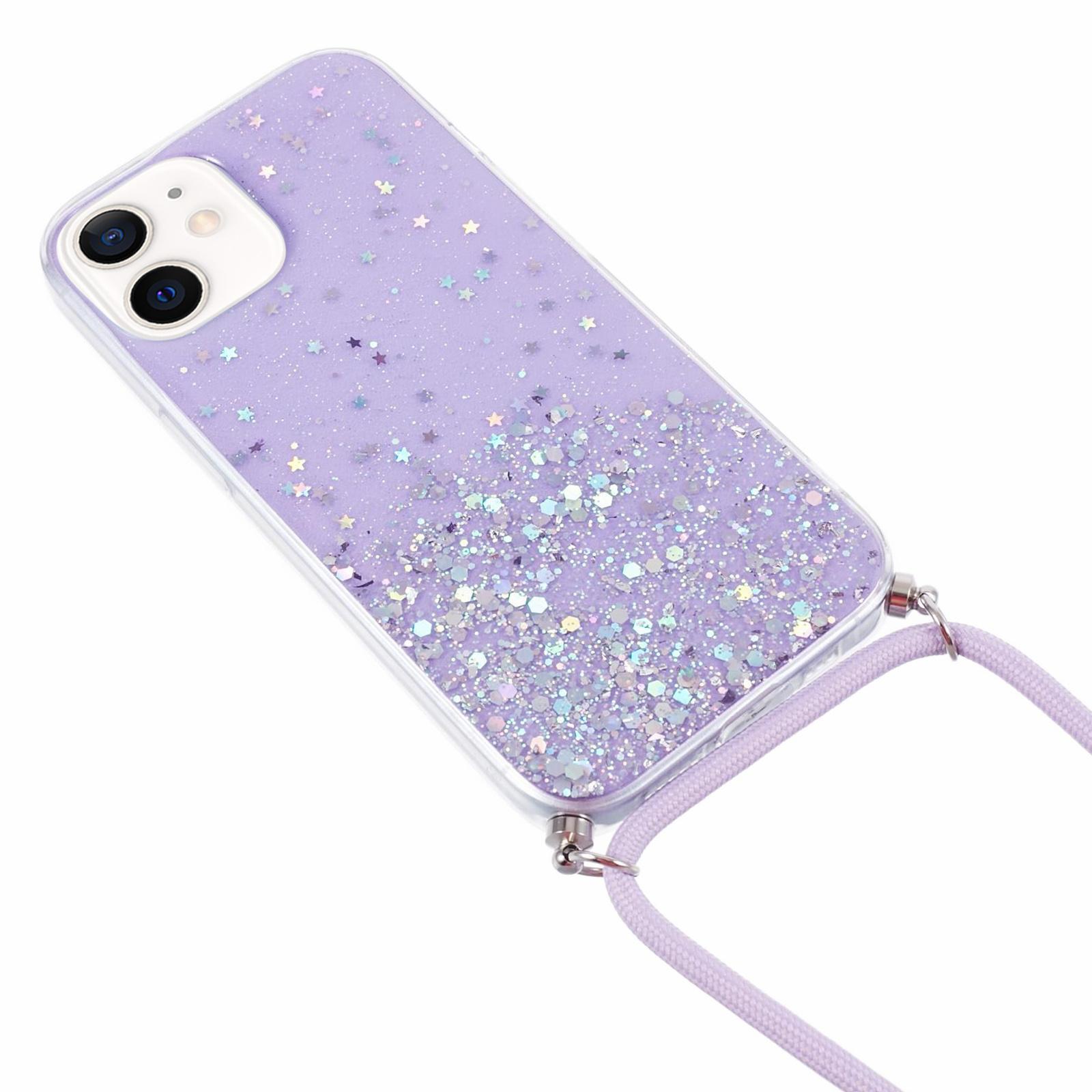 

AW Series for iPhone 12 Pro/12 Case Sparkle Epoxy TPU Phone Shell with Lanyard Purple