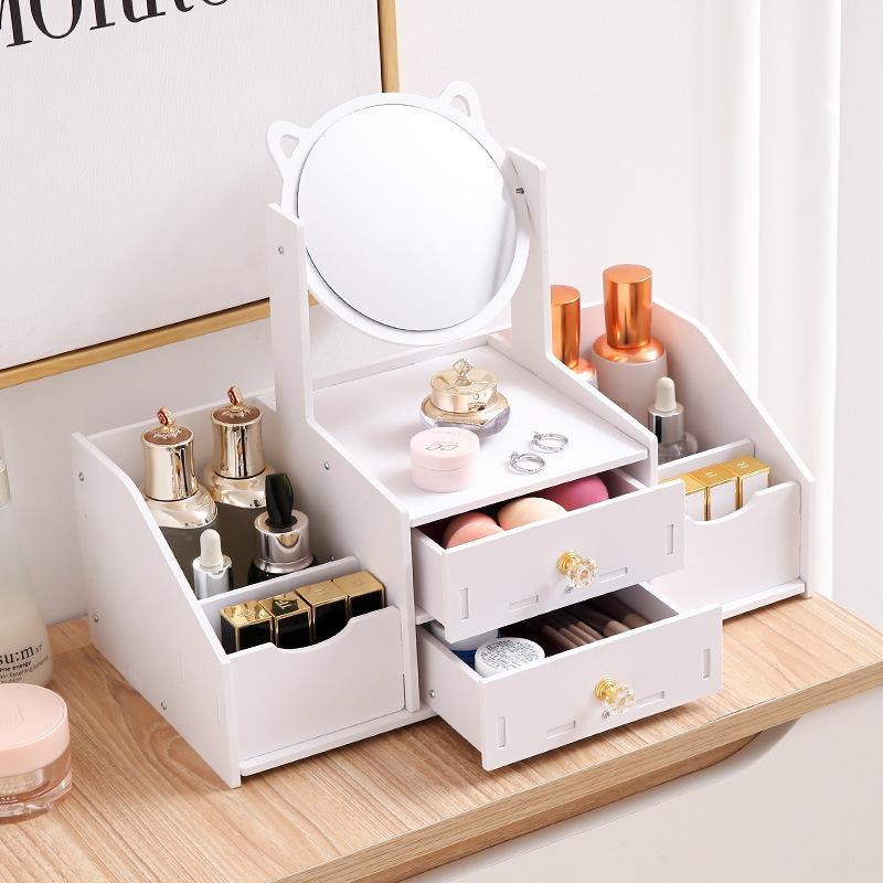 Desktop Drawer-Type Vanity Mirror Storage Box Round Makeup Mirror for Dressing Table Organizer for Jewelry Skincare Products