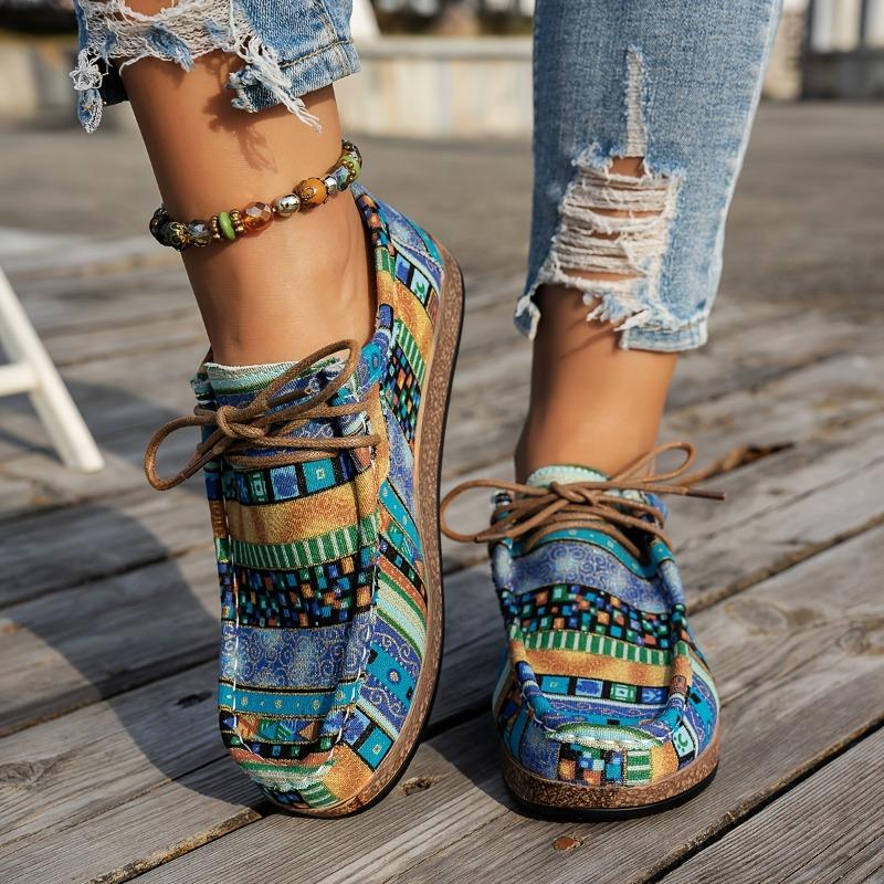 Large Size Ethnic Style Casual Single Shoes Women's Colorful Lace Up Graffiti Low Canvas Shoes Wooden Thick Bottom