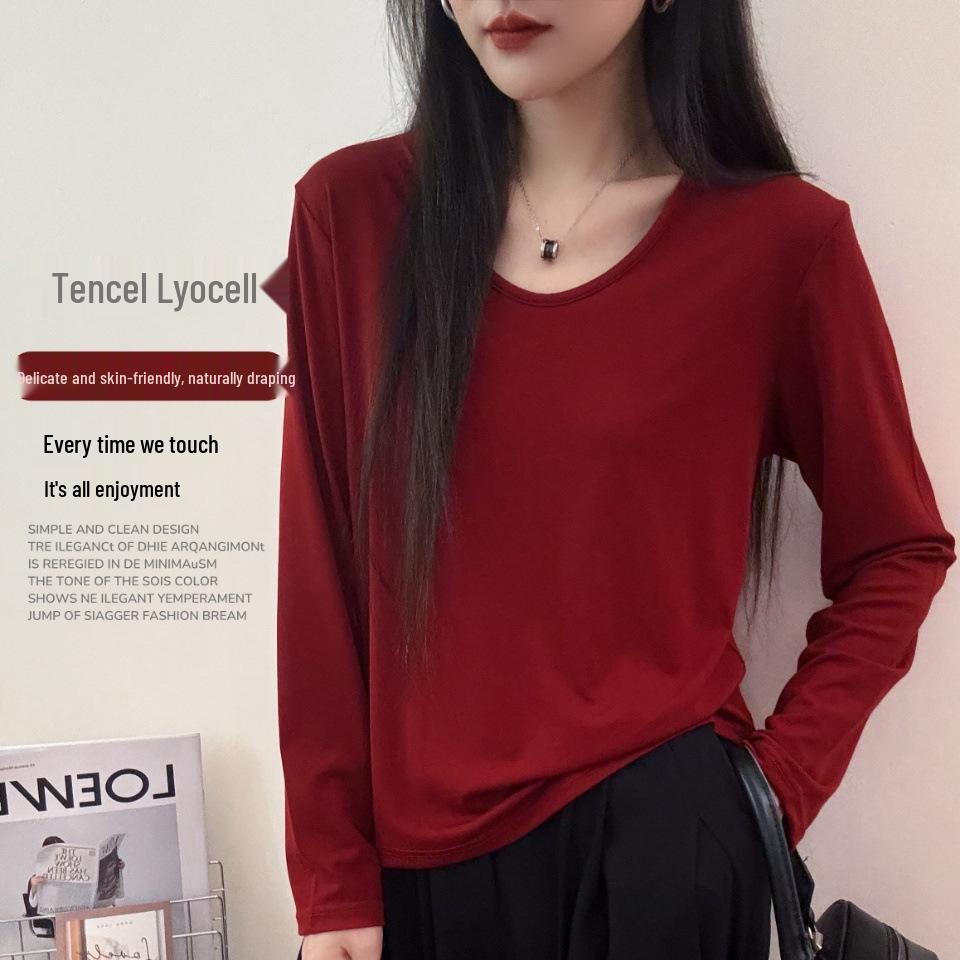 

Women s Tencel Lyocell Loose U-Neck Long-Sleeve Tee - Simple, Slimming, Relaxed, Lazy Style for Autumn and Spring One Size (for 80-130 jin) ржавый/красный