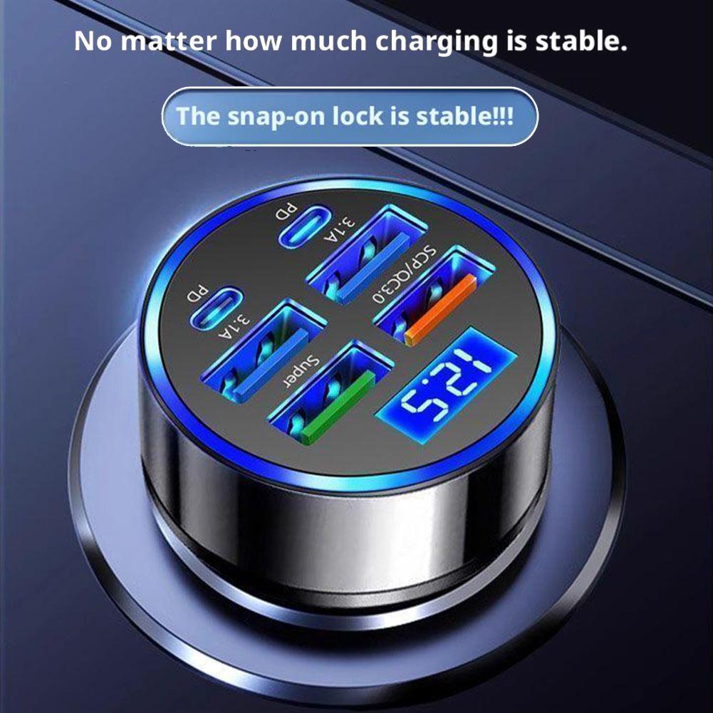 300W 6 Ports Car Charger QC3.1 Fast Charger 4USB 2PD Car Cigarette Lighter Plug Car Charger Flash Charge with Digital Display