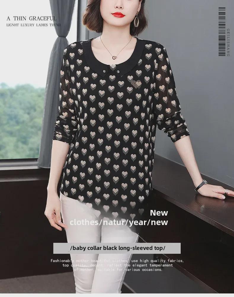 Spring 2023 Printed Collared Tops for Women - Long Sleeve, Plus Size, Middle-Aged Mom's T-Shirts