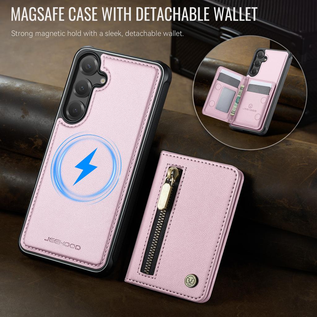 For Samsung Galaxy S26 Case JEEHOOD J12 Magnetic Detachable Zipper Wallet Kickstand Leather Back Cover Compatible with MagSafe