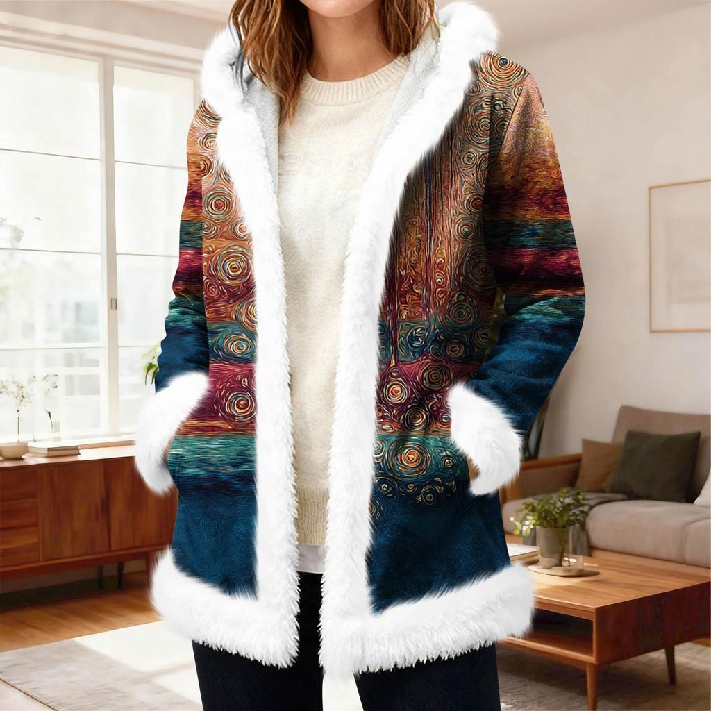 Lässiger Damen-Fleece-Kapuzen-Cardigan mit Taschen Warme Oberbekleidung