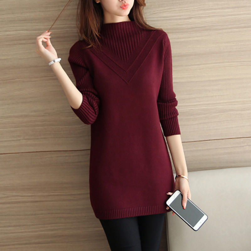 Korean Sweater Women Half Turtleneck Pullover Mid-length Knitted Sweater Women's Knitwear Solid Color Thick Jumper Sweater Autumn and Winter