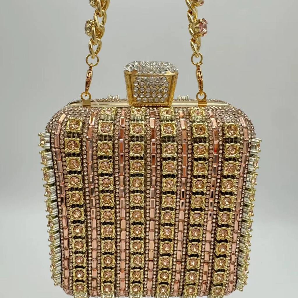 Handmade Diamond Encrusted Square Clutch Evening Bag Small Size Portable Sparkling Polyester Fiber Dinner Bag for Women