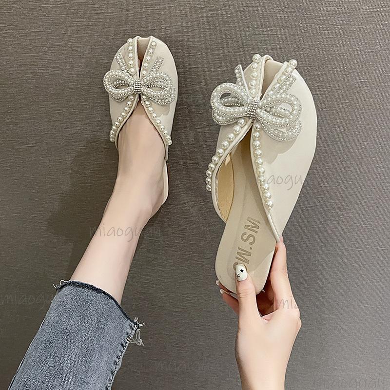 Fashion Women's Fashion Slippers Summer Footwear Pearl Flat Bow Rhinestone Outer Half Baotou Sandals Comfortable Soft Sole Women Shoes