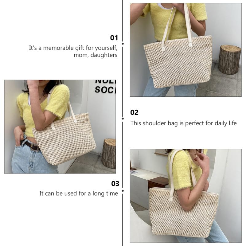 [DEARMAMY] 1 Handbag, Women's Tote Bag, Straw Beach Tote, Straw Tote, Women's Shoulder Tote Bag, Raffia Bag, Woven Tote, Summer Bag, Pu Leather, Beige
