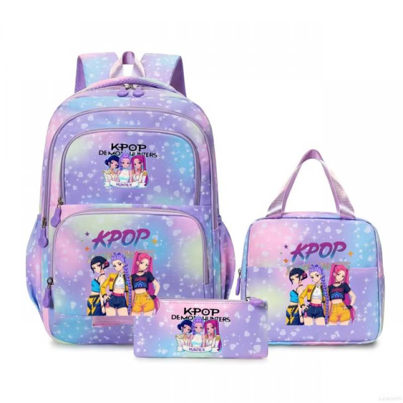 K-Pop Inspired Cartoon School Backpack Set Teen Girls 3pcs Lunch Bag Main Pencil Case Arc Shoulder Straps British Style