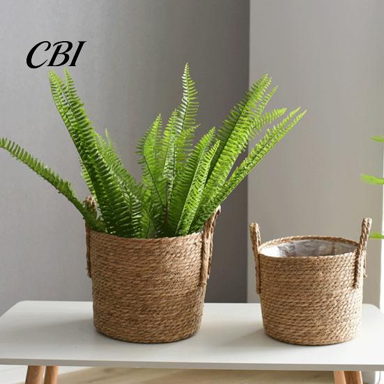 Garden Plant Display Baskets Woven Seagrass Pot with Handle, Built-in Plastic Film Lining Sustainable Straw Planters Storage Basket, Natural