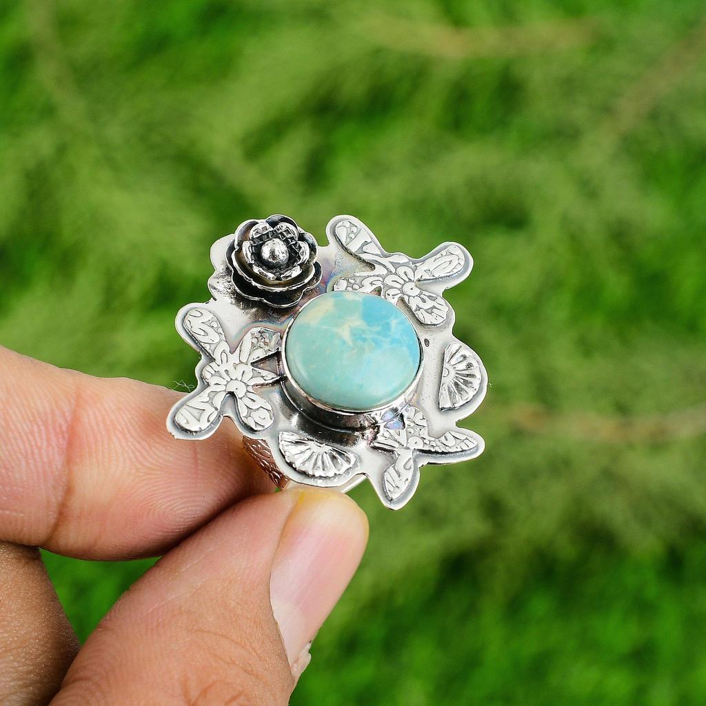 925 Silver Mosaic Balloon Jasper Gemstone Handcrafted Flower Bezel Ring Jewelry