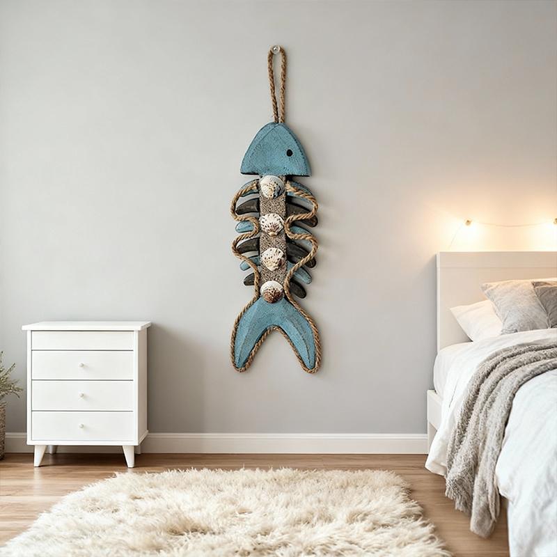 1pc Vintage Fishbone Hanging Ornaments Nautical Style Handicraft Wood Fish Pendant Ative Fishing Net Home Wall Decor