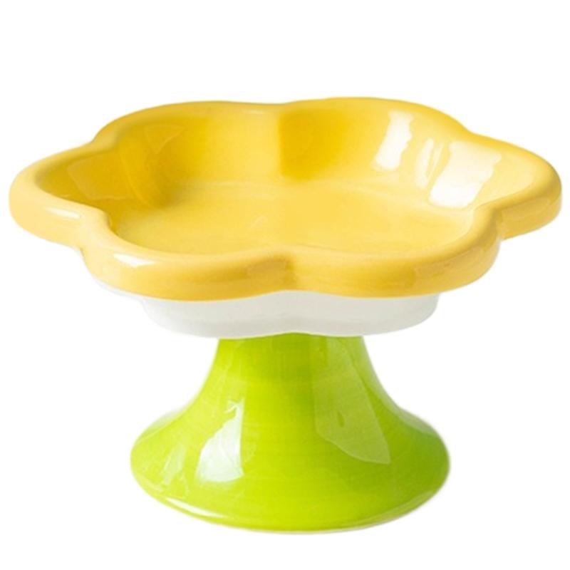 Ceramic Pet Bowl Flower Shape Cats Food Dish Nonslip Elevated Stand Feeding Plate for Neck Protections and Easy Cleaning