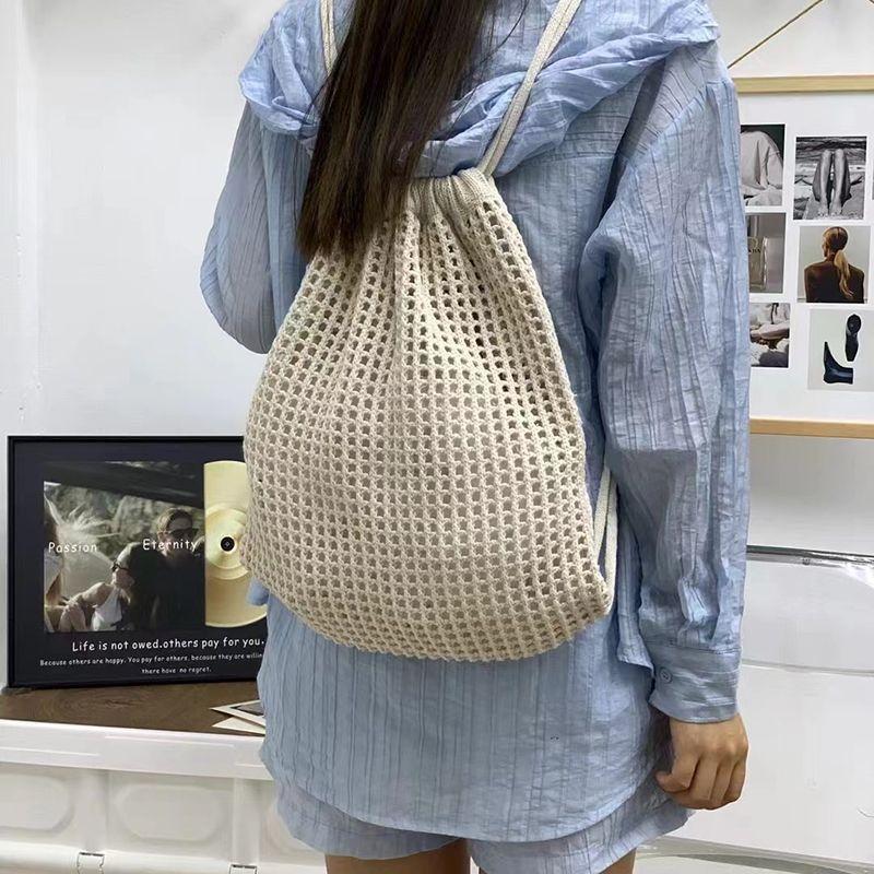 New simple woven mesh pocket drawstring backpack ins wind knitted tote bag cross-border small fresh