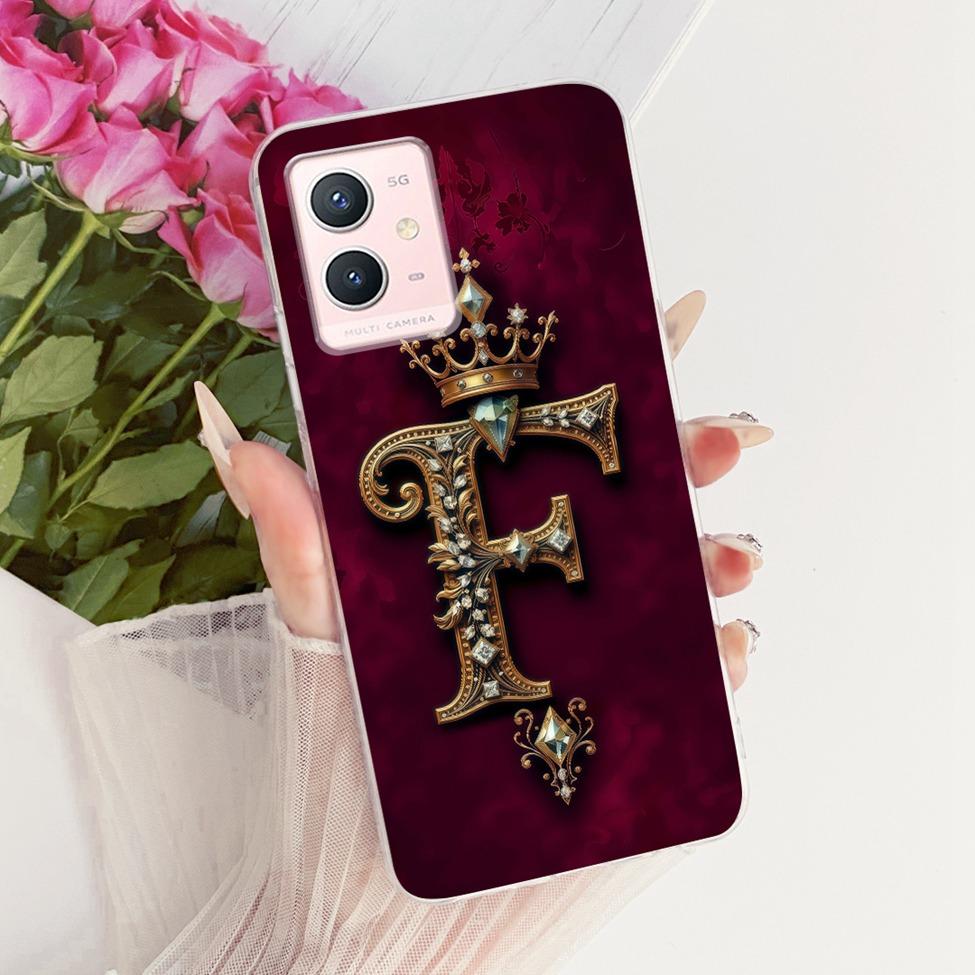 For Vivo Y33s 5G Case Cover Transparent Luxury Crown A-Z Letters 2D Flat Pattern Soft Phone Case For Vivo V2166A