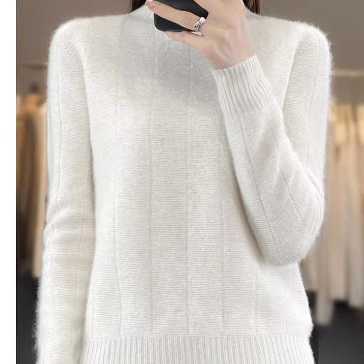 2023 Women's Pure Wool Round-Neck Sweater - Solid Color, Vertical Stripe, Commuter Style, Knitted for Warmth