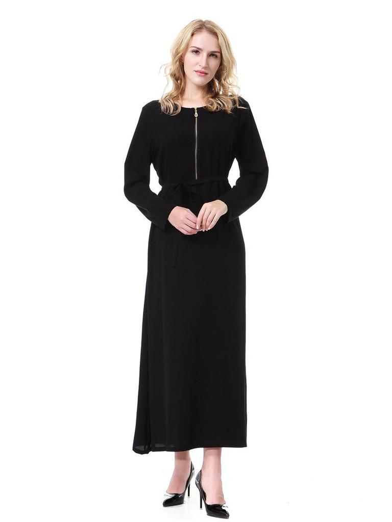 Women's Round Neck Solid Chiffon Zipper Long Dress, TH913