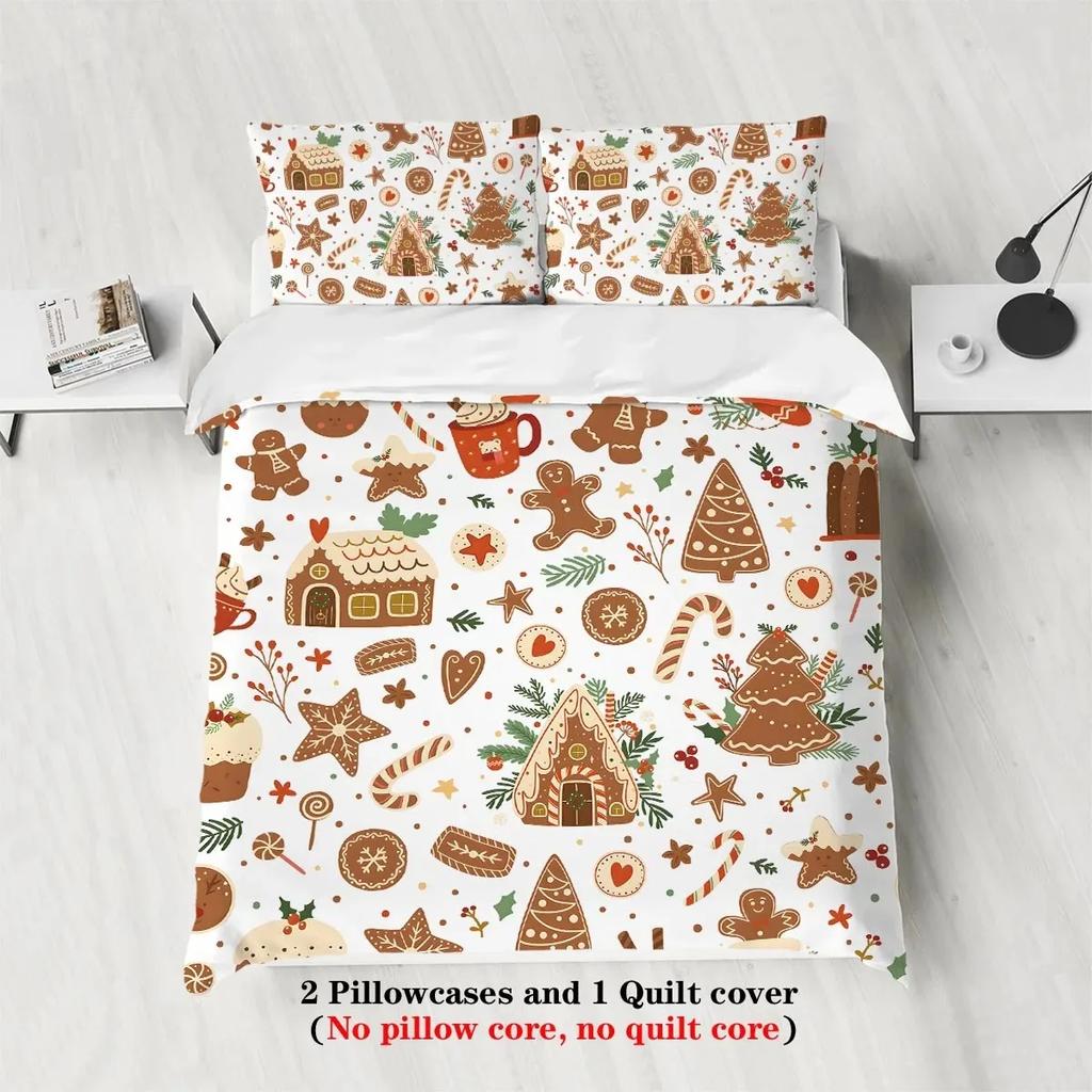 Christmas Cottage Gingerbread Man Brown Print Quilt Cover with Pillowcases Skin-friendly Warm Soft Breathable Bedding Set