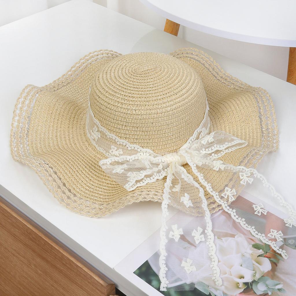New Spring and Summer Bow Ribbon Straw Hat for Women's Beach Outings, Wide-brimmed Face-enhancing Straw Hat, Sun-protective Sun Hat