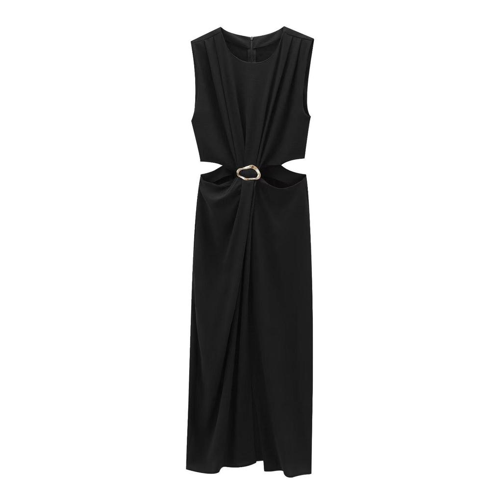 European & American Women's Chic Sleeveless Long Dress with Buckle Detail - Autumn/Winter Collection