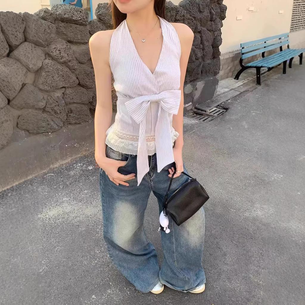 Pure desire wind V-neck striped neck sling vest women's summer spice girl design sense bow slim top