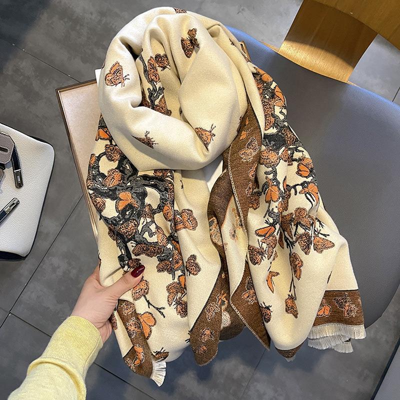 Autumn and Winter New Korean Style All Match Imitation Cashmere Scarf for Women with Butterfly Flying Print Thickened Warm Shawl and Scarf