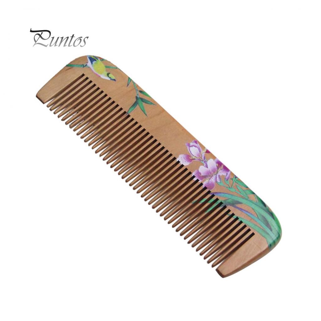 Painted Flower Peach Wood Healthy Scalp Massage Anti-Static Comb Hair Care Tool