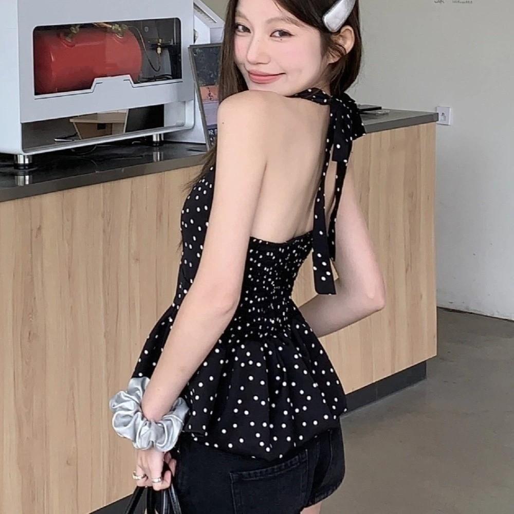 Polka Dot Halter Ruffle Vest Top V-neck Women Camisole Comfortable Sleeveless Crop Top Streetwear