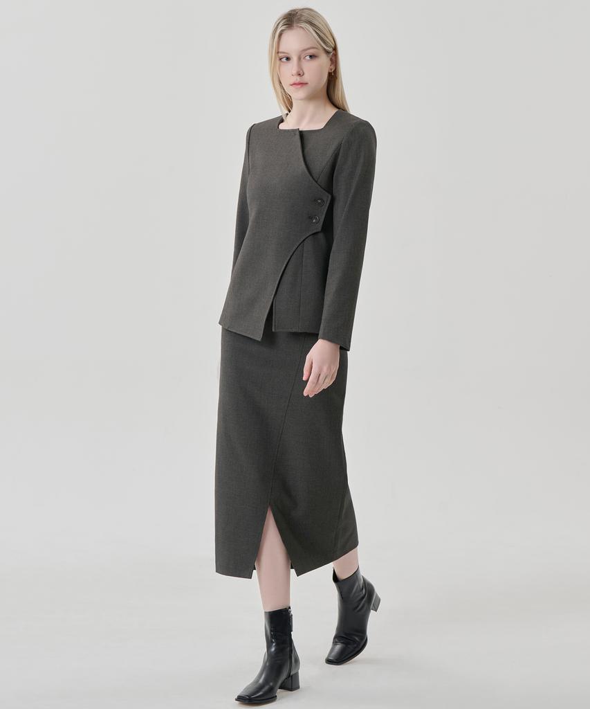 HYEYEONG KIM Cord Set Tailored H-Line Maxi Skirt - Charcoal Khaki