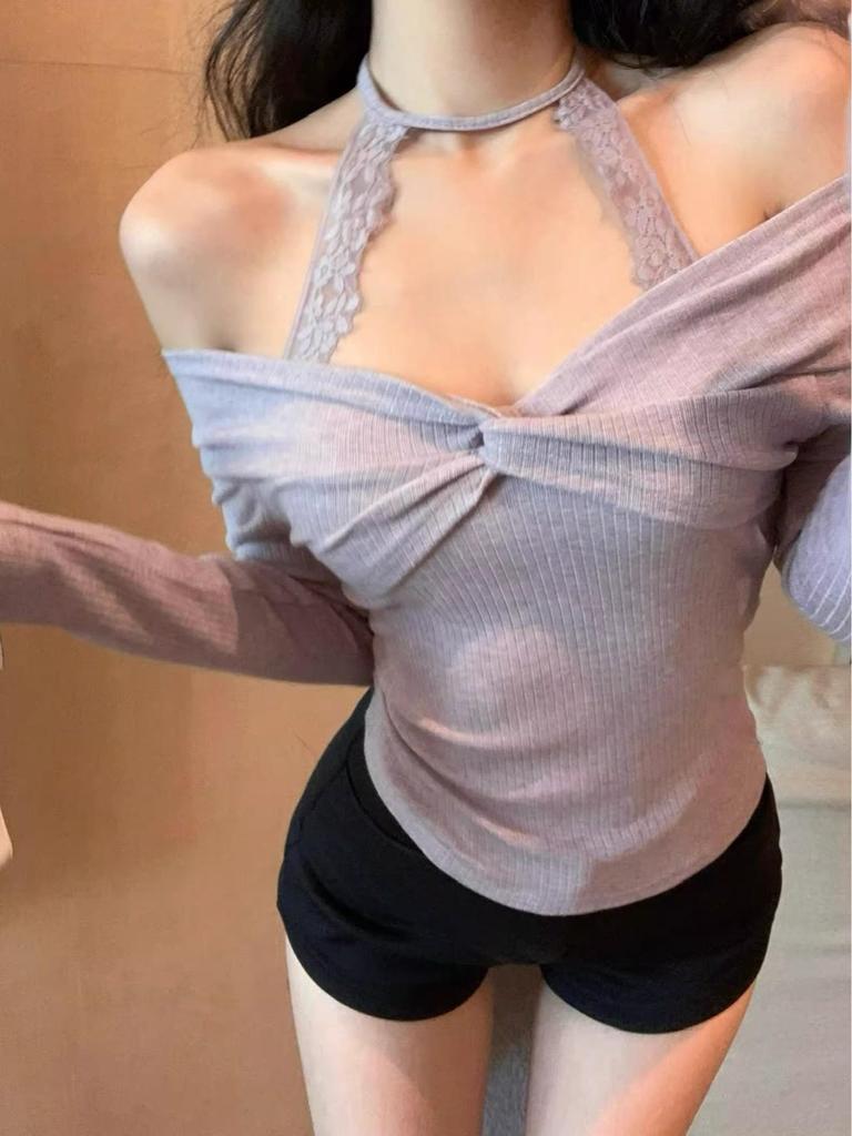 One-Shoulder Purple Lace Halter Top for Women - Spring/Autumn Sweet & Spicy Off-the-Shoulder Style