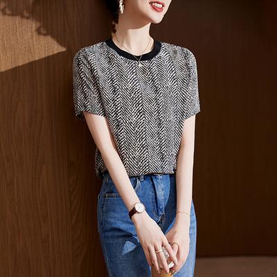 Summer New Silk Crew Neck T-shirt Women's Striped Fashion Short-sleeved Mulberry Silk Thin Top