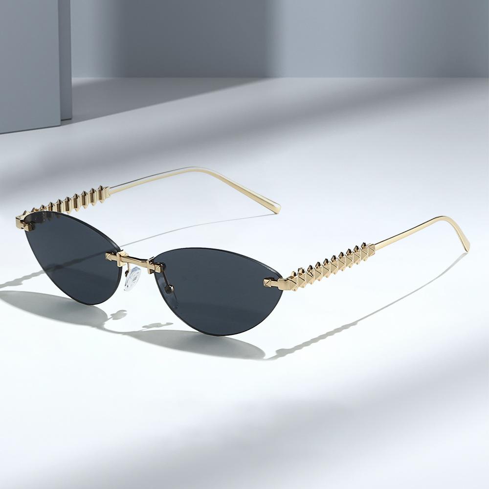 Cat-eye Sunglasses, Metal Frameless Design, Unisex, Suitable for Outdoor Wear and Fashion Shows, with Rivet Detailing On the Arms