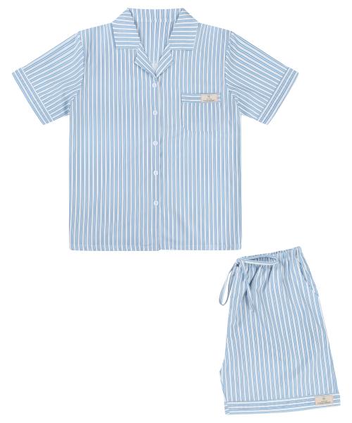 [Pink Zone] Unisex Blaine Stripe Blue Short-Sleeve Collar Pajama Set [Shipped from Korea] 100% Authentic