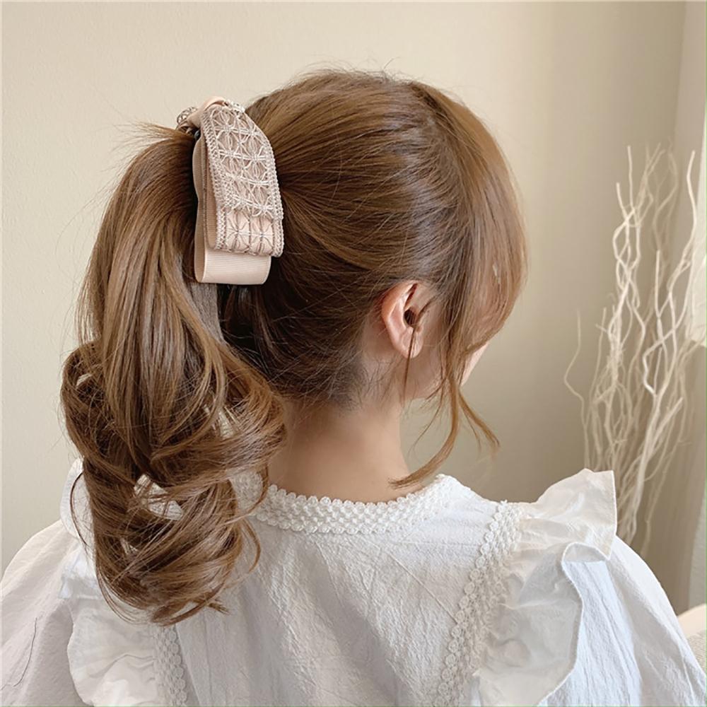 Korea Sweet Lace Pearl Women Vertical Clip Bow Banana Clip Ponytail Clip Hair Accessories