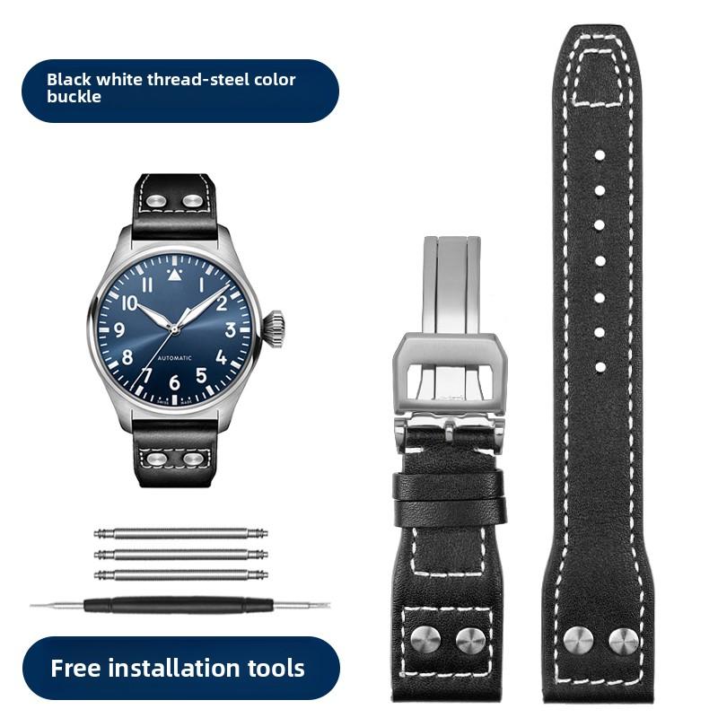 21 22mm Armband Retro Echtes Leder Nieten Armband Für IWC Big Pilot Spitfire Mark18 Vintage Braun Schwarz Blau Rindsleder Uhrenarmband