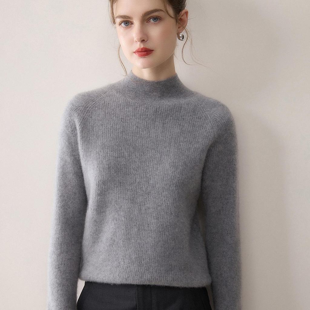 Women's Cashmere Knit Top, Half-High Neck, Loose Fit, Slimming, Thick Sweater for Autumn/Winter