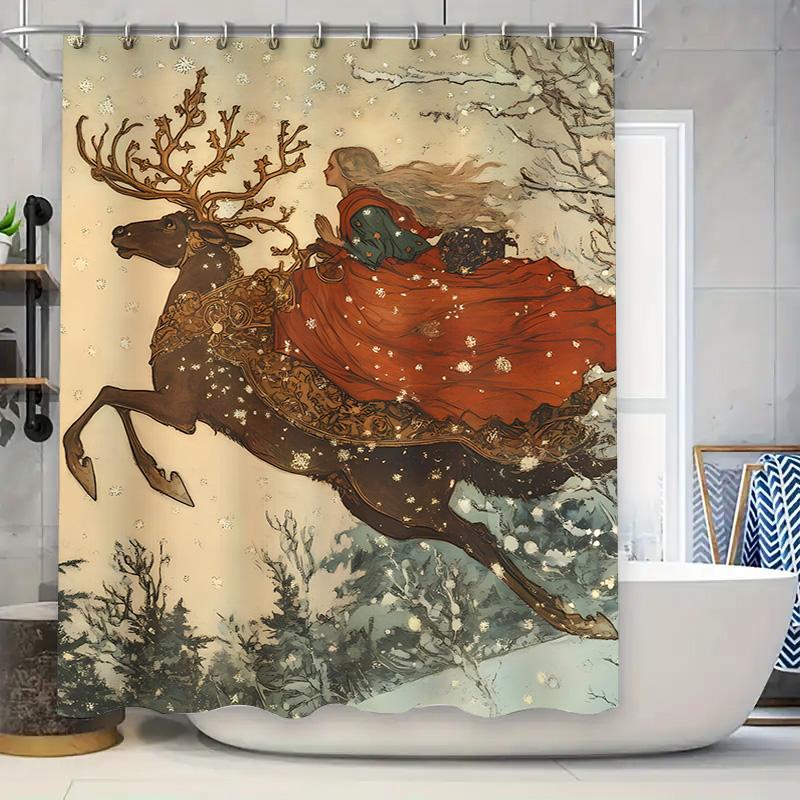 

Stylish Shower Curtain With Reindeer And Lady Art Print Home Decor Bathroom Accessories W60H190(CM)-1 Pcs
