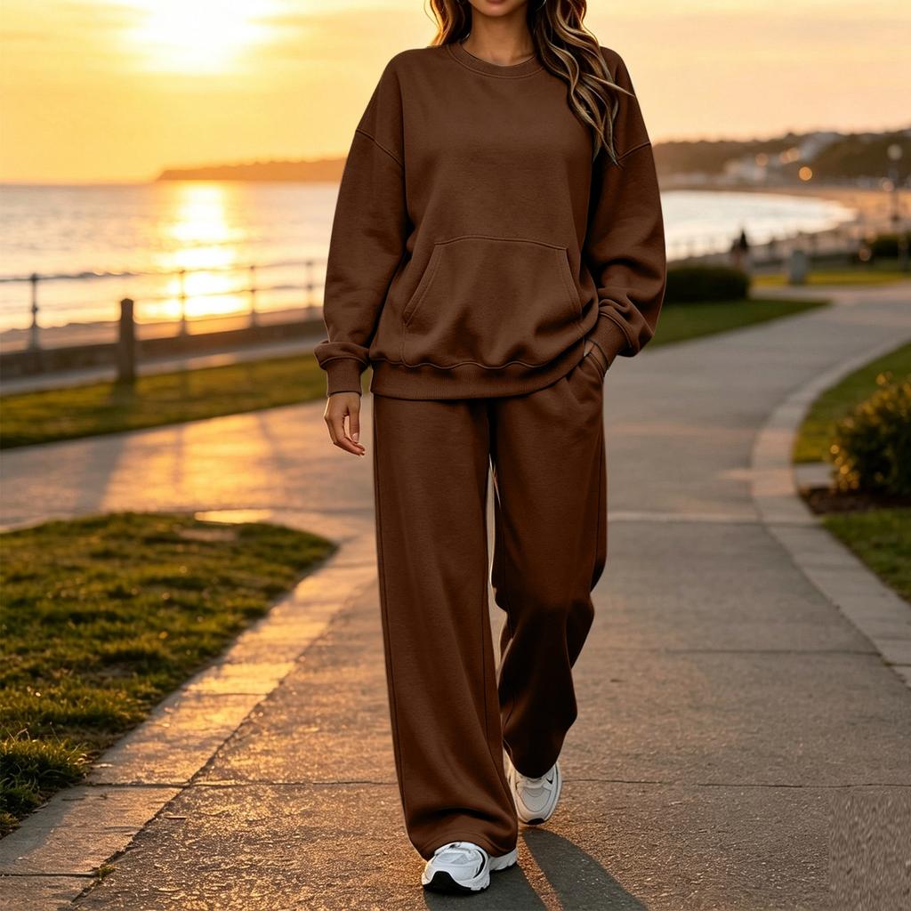 Women's Casual Neck Sweatshirt and Pants Set with Pockets, Fall Winter Comfortable Outfit