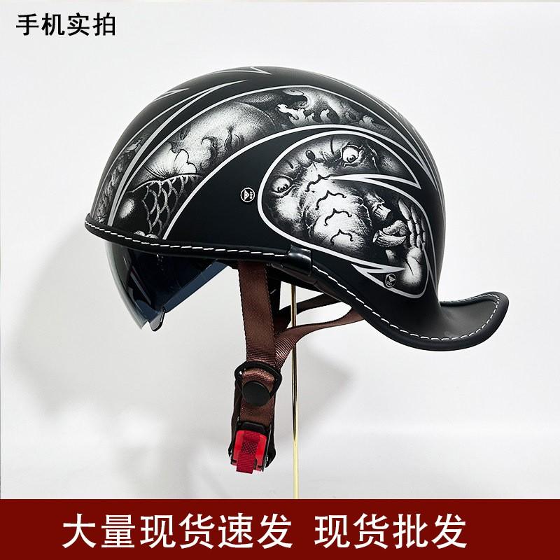 Vintage Style Open Face Motorcycle Helmet Men Retro American Cruiser Half With Chin Strap
