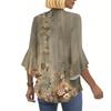 Women's Fashion Casual Seven-minute Sleeve Vintage Floral Print Top V-neck T-shirt Flared Sleeve Shirt