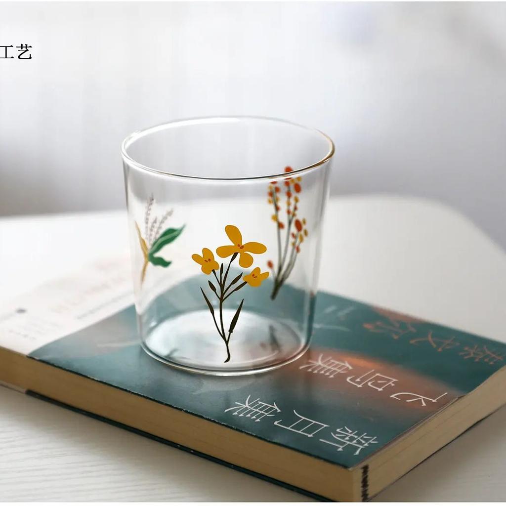 Simple glass cup, Japanese style creative casual cup, high borosilicate glass floral glass cup, milk cup, ins wind cup