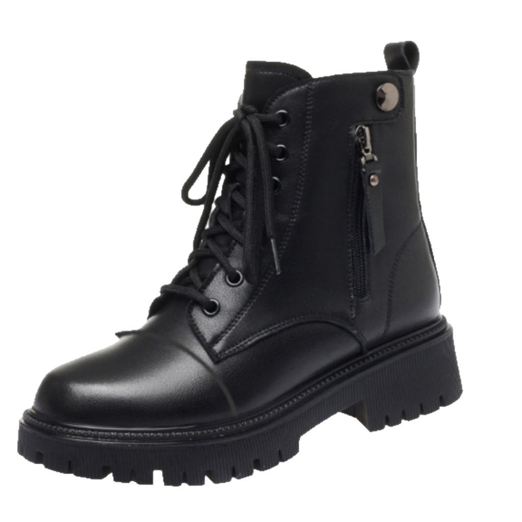 Fashion Boots Women's Shoes 2025 New British Style Soft Leather Soft-soled Fashion Boots Autumn and Winter Thickened Velvet Warm Women's Shoes